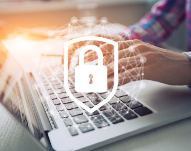 Network security icon with graphic diagram on screen background. Computer defender and security concept.